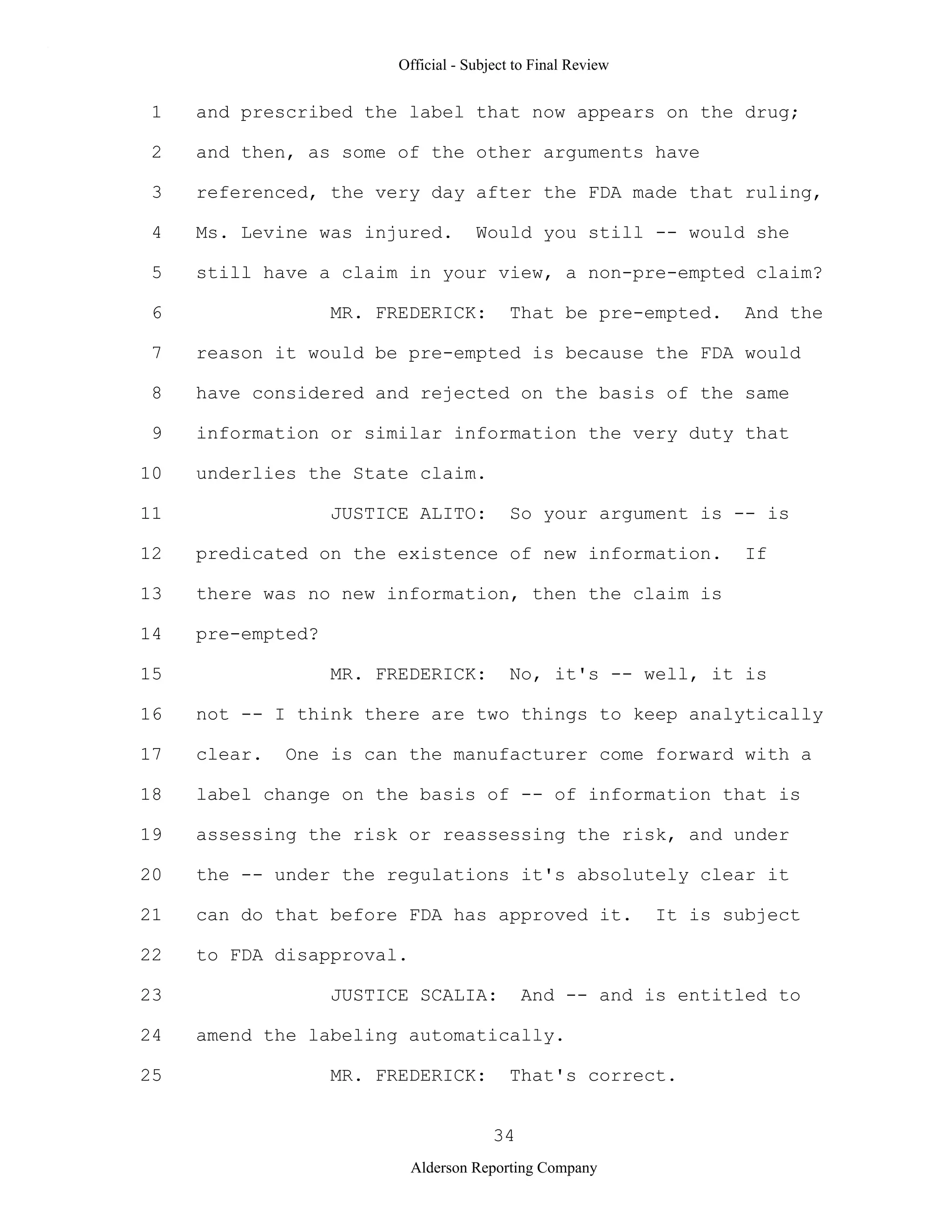 2009 BIOL503 Class 3 Supporting document: Wyeth V Levine Scotus Oral Argument Transcript 06 1249