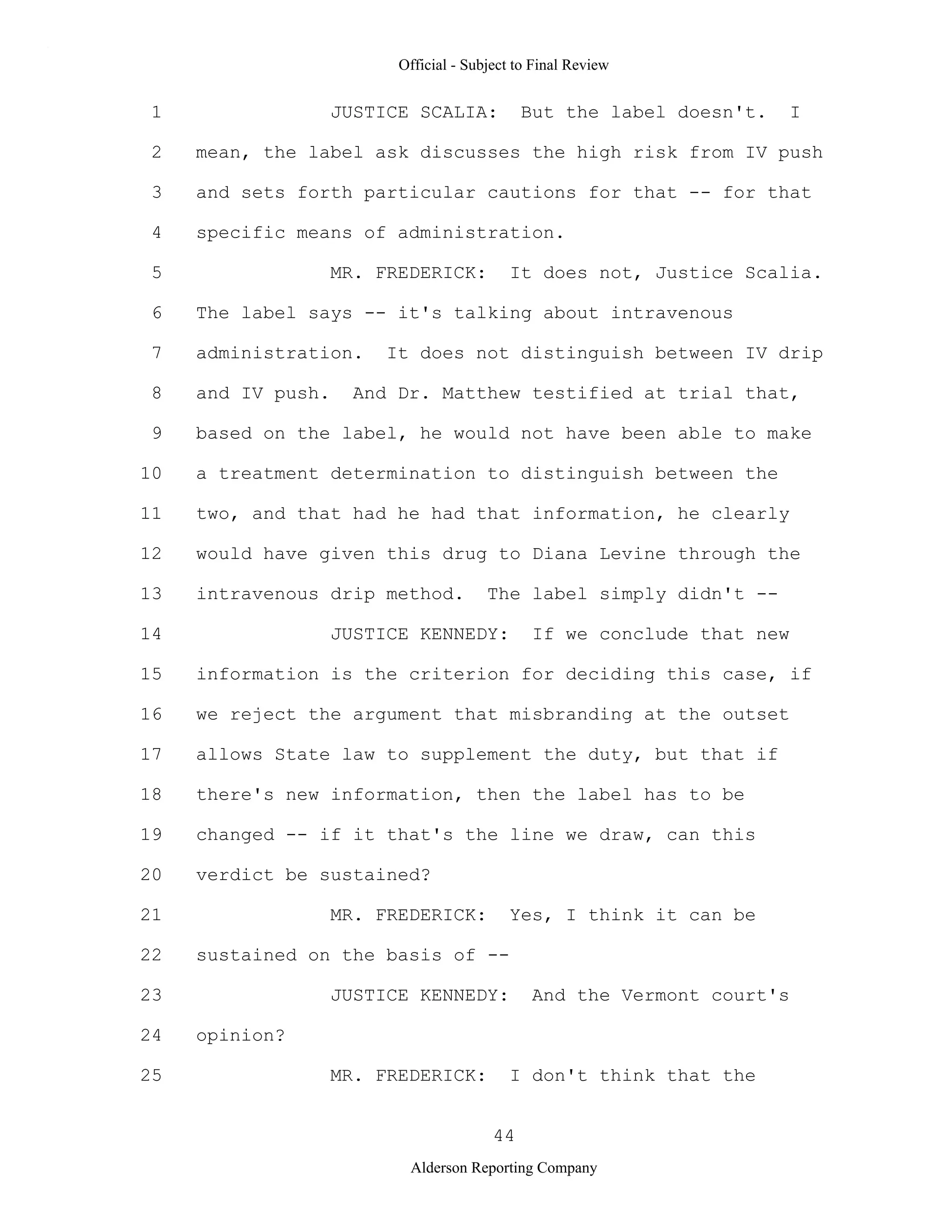 2009 BIOL503 Class 3 Supporting document: Wyeth V Levine Scotus Oral Argument Transcript 06 1249