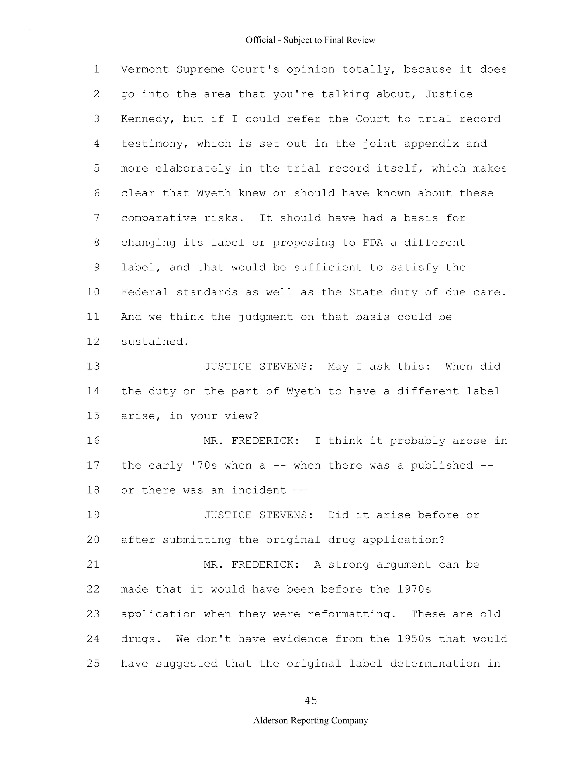 2009 BIOL503 Class 3 Supporting document: Wyeth V Levine Scotus Oral Argument Transcript 06 1249