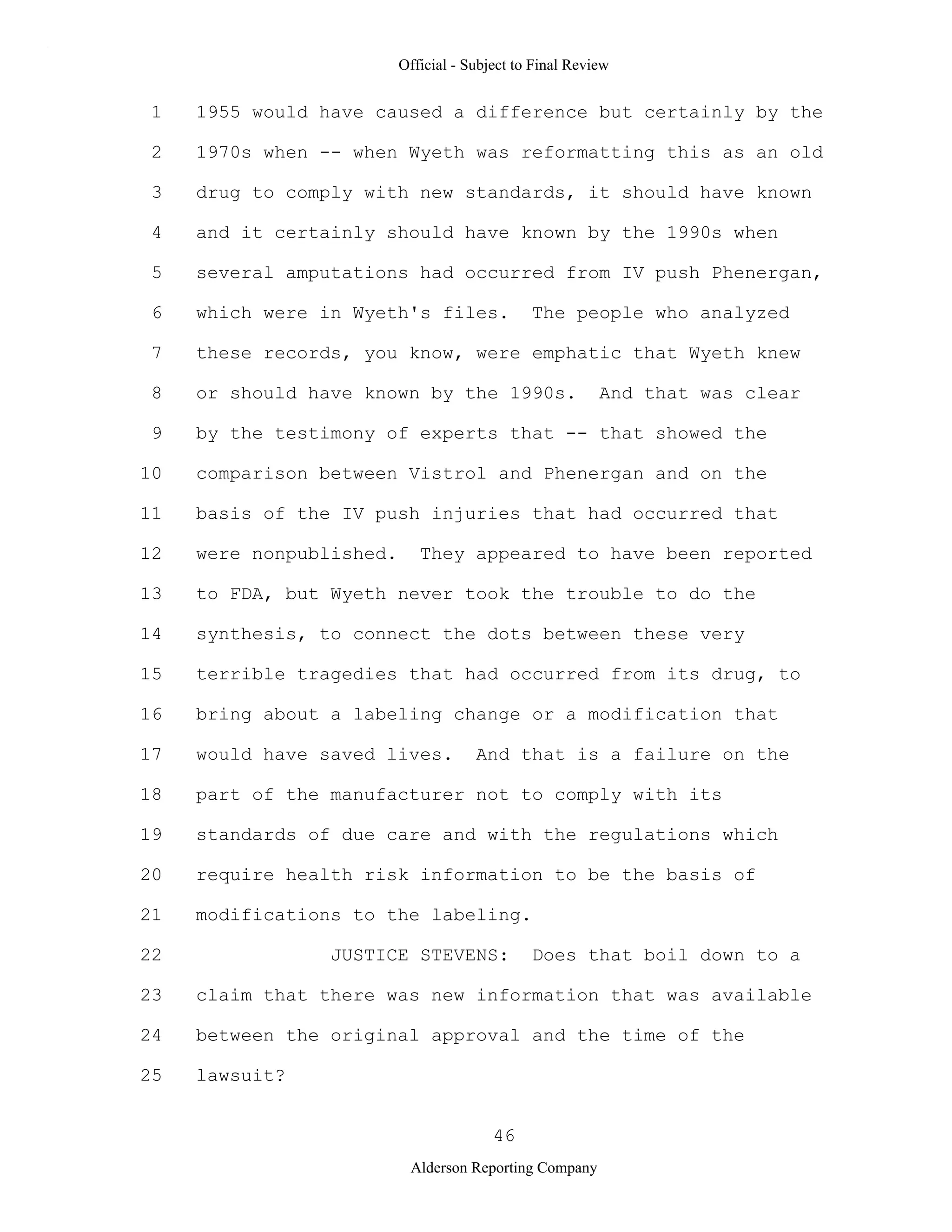 2009 BIOL503 Class 3 Supporting document: Wyeth V Levine Scotus Oral Argument Transcript 06 1249