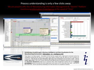 Process understanding is only a few clicks away
    We are proud to offer the i2i Manufacturing Information Management & “DataVis” Platform
                  transforming Information-2-Intelligence at the speed of “Click”




                                   Introducing a breakthrough in Business Intelligence and Data Visualization for the
                                   Manufacturing Environment: Information – to – Intelligence (i2i)
                                   These days it’s all about speed – the advent of the Internet coupled with a high-speed connected society has
                                   completely transformed the way all of us want [and need] to interact with the data we use to increase our
                                   productivity: Not only do we want information right away, but we demand it on our terms as well – and we
                                   couldn’t agree more. With over 20 years Manufacturing Engineering and Integration experience we’ve answered
                                   the Information Management needs of our customers with a data management solution that can be deployed
Authorized Partner Integrator
                                   and validated quickly to provide the entire organization with access to the critical data they need – now and on
                                   their own terms. See for yourself by scheduling an on-line test drive of a complete i2i solution.


                                                                                                                                        copyright © 2009 exoCite Manufacturing Solutions, Inc.
 