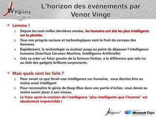 Où en est-on aujourd'hui ?Les devices et technologies se multiplient :Ordinateur fixe, portable, ultra portableSmartPhone, PDA (Windows Mobile), iPad, iPhone, GPhoneTV Interactif (box triple-play) : Projet NatalTableau de bord de voiture (Windows Automobile)Console de jeu : Wii, xBoxDomotiqueRobotiqueBCI, …Nous sommes toujours plus  :ConnectésInternet (très) haut débitWifi, BlueToothGPRS, UMTS, 3G, 3G+Interconnectés : FacebookEt demain ?  Serons-nous Assistés ?La puissance et la miniaturisation du hardware croit sans cesse :Loi de Moore : capacité de calcul et de stockage exponentielApproche des notions de singularité informatique