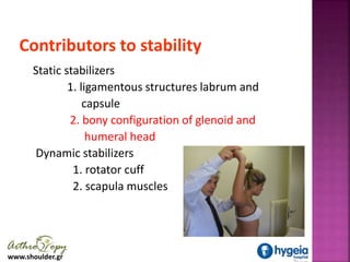 www.shoulder.gr
Contributors to stability
Static stabilizers
1. ligamentous structures labrum and
capsule
2. bony configur...