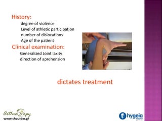 www.shoulder.gr
History:
degree of violence
Level of athletic participation
number of dislocations
Age of the patient
Clin...