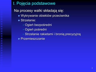 2I. Pojęcia podstawoweNa procesy walki składają się:Wykrywanie obiektów przeciwnikaStrzelanie:Ogień bezpośredniOgień pośredniStrzelanie rakietami i bronią precyzyjnąPrzemieszczanie