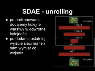 SDAE - unrolling
● po pretrenowaniu
dodajemy kolejne
warstwy w odwrotnej
kolejności
● po dodaniu ostatniej,
wyjście sieci ma ten
sam wymiar co
wejście
 