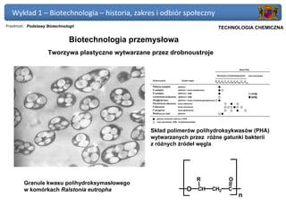Wykład 1 – Biotechnologia – historia, zakres i odbiór społeczny
Przedmiot: Podstawy Biotechnologii                                    Politechnika Gdańska, Inżynieria Biomedyczna
                                                                           TECHNOLOGIA CHEMICZNA

                               Biotechnologia przemysłowa
                    Tworzywa plastyczne wytwarzane przez drobnoustroje




                                                   Skład polimerów polihydroksykwasów (PHA)
                                                   wytwarzanych przez różne gatunki bakterii
                                                   z różnych źródeł węgla




                                                                  R               O
         Granule kwasu polihydroksymasłowego
         w komórkach Ralstonia eutropha                        O CH     CH2      C
                                                                                       n
 