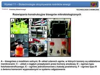 Wykład 11 – Biotechnologie otrzymywania nośników energii
 Przedmiot: Podstawy Biotechnologii                            Politechnika Gdańska, Inżynieria Biomedyczna
                                                                    TECHNOLOGIA CHEMICZNA

                Rozwiązania konstrukcyjne bioogniw mikrobiologicznych




A – bioogniwo z mostkiem solnym; B- układ czterech ogniw, w których komory są oddzielone
membranami; C – układ z ciągłym przepływem przez komorę anodową; D – ogniwo typu
fotoheterotroficznego; E – ogniwo jednokomorowe z katodą powietrzną; F - ogniwo typu H
z dwiema komorami wyposażonymi w systemu odgazowania
 