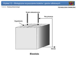 Wykład 12 – Biologiczne oczyszczanie ścieków i gazów odlotowych
Przedmiot: Podstawy Biotechnologii                          Politechnika Gdańska, Inżynieria Biomedyczna
                                                                 TECHNOLOGIA CHEMICZNA




                                     Biowieża
 