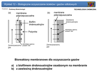 Wykład 12 – Biologiczne oczyszczanie ścieków i gazów odlotowych
Przedmiot: Podstawy Biotechnologii                          Politechnika Gdańska, Inżynieria Biomedyczna
                                                                 TECHNOLOGIA CHEMICZNA




                  Bioreaktory membranowe dla oczyszczania gazów

             a) z biofilmem drobnoustrojów osadzonym na membranie
             b) z zawiesiną drobnoustrojów
 