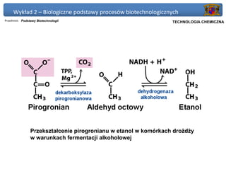 Wykład 2 – Biologiczne podstawy procesów biotechnologicznych
Przedmiot: Podstawy Biotechnologii                            Politechnika Gdańska, Inżynieria Biomedyczna
                                                                   TECHNOLOGIA CHEMICZNA




                Przekształcenie pirogronianu w etanol w komórkach drożdży
                w warunkach fermentacji alkoholowej
 