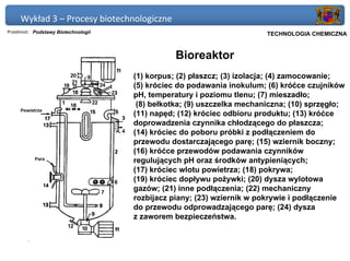 Wykład 3 – Procesy biotechnologiczne
Przedmiot: Podstawy Biotechnologii                                   Politechnika Gdańska, Inżynieria Biomedyczna
                                                                          TECHNOLOGIA CHEMICZNA


                                                Bioreaktor
                                     (1) korpus; (2) płaszcz; (3) izolacja; (4) zamocowanie;
                                     (5) króciec do podawania inokulum; (6) króćce czujników
                                     pH, temperatury i poziomu tlenu; (7) mieszadło;
                                      (8) bełkotka; (9) uszczelka mechaniczna; (10) sprzęgło;
                                     (11) napęd; (12) króciec odbioru produktu; (13) króćce
                                     doprowadzenia czynnika chłodzącego do płaszcza;
                                     (14) króciec do poboru próbki z podłączeniem do
                                     przewodu dostarczającego parę; (15) wziernik boczny;
                                     (16) króćce przewodów podawania czynników
                                     regulujących pH oraz środków antypieniących;
                                     (17) króciec wlotu powietrza; (18) pokrywa;
                                     (19) króciec dopływu pożywki; (20) dysza wylotowa
                                     gazów; (21) inne podłączenia; (22) mechaniczny
                                     rozbijacz piany; (23) wziernik w pokrywie i podłączenie
                                     do przewodu odprowadzającego parę; (24) dysza
                                     z zaworem bezpieczeństwa.
 
