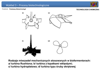 Wykład 3 – Procesy biotechnologiczne
Przedmiot: Podstawy Biotechnologii                       Politechnika Gdańska, Inżynieria Biomedyczna
                                                              TECHNOLOGIA CHEMICZNA




         Rodzaje mieszadeł mechanicznych stosowanych w biofermentorach:
         a/ turbina Rushtona; b/ turbina z łopatkami wklęsłymi;
         c/ turbina hydropłatowa; d/ turbina typu śruby okrętowej
 