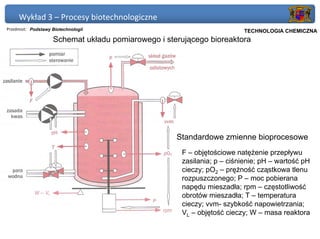 Wykład 3 – Procesy biotechnologiczne
Przedmiot: Podstawy Biotechnologii                                   Politechnika Gdańska, Inżynieria Biomedyczna
                                                                          TECHNOLOGIA CHEMICZNA
                    Schemat układu pomiarowego i sterującego bioreaktora




                                                    Standardowe zmienne bioprocesowe
                                                     F – objętościowe natężenie przepływu
                                                     zasilania; p – ciśnienie; pH – wartość pH
                                                     cieczy; pO2 – prężność cząstkowa tlenu
                                                     rozpuszczonego; P – moc pobierana
                                                     napędu mieszadła; rpm – częstotliwość
                                                     obrotów mieszadła; T – temperatura
                                                     cieczy; vvm- szybkość napowietrzania;
                                                     VL – objętość cieczy; W – masa reaktora
 