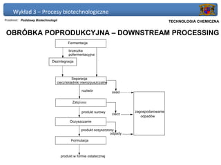 Wykład 3 – Procesy biotechnologiczne
Przedmiot: Podstawy Biotechnologii                                                        Politechnika Gdańska, Inżynieria Biomedyczna
                                                                                               TECHNOLOGIA CHEMICZNA


 OBRÓBKA POPRODUKCYJNA – DOWNSTREAM PROCESSING
                                         Fermentacja

                                          brzeczka
                                          pofermentacyjna
                              Dezintegracja



                                           Separacja
                                 ciecz/składniki nierozpuszczalne

                                                  roztwór           osad

                                            Zatężenie

                                                  produkt surowy            zagospodarowanie
                                                                    ciecz
                                                                               odpadów
                                          Oczyszczanie

                                                 produkt oczyszczony
                                                                  odpady

                                           Formulacja



                                     produkt w formie ostatecznej
 