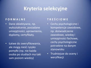 Kryteria selekcyjne
FORMALNE
• Dane obiektywne, np.
wykształcenie, posiadane
umiejętności, uprawnienia,
dyplomy, certyfikaty.
• Łatwe do zweryfikowania,
ale mogą nieśd ryzyko
pomyłki (np. nie każda
osoba po studiach ma taki
sam poziom wiedzy)

TREŚCIOWE
• Cechy psychologiczne i
kompetencje zawodowe,
np. doświadczenie
zawodowe, wiedzę i
umiejętności fachowe,
cechy psychologiczne
potrzebne na danym
stanowisku
• Trudniejsze do oceny i
weryfikacji

 