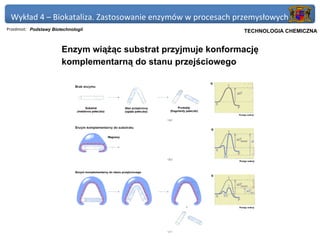 Wykład 4 – Biokataliza. Zastosowanie enzymów w procesach przemysłowych
Przedmiot: Podstawy Biotechnologii                           Politechnika Gdańska, Inżynieria Biomedyczna
                                                                  TECHNOLOGIA CHEMICZNA


                        Enzym wiążąc substrat przyjmuje konformację
                        komplementarną do stanu przejściowego
 