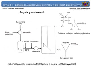Wykład 4 – Biokataliza. Zastosowanie enzymów w procesach przemysłowych
Przedmiot: Podstawy Biotechnologii                               Politechnika Gdańska, Inżynieria Biomedyczna
                                                                      TECHNOLOGIA CHEMICZNA

                            Przykłady zastosowań




                                                       Działanie fosfolipaz na fosfatydylocholinę




         Schemat procesu usuwania fosfolipidów z olejów (odśluzowywanie)
 