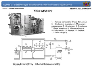 Wykład 6 – Biotechnologie otrzymywania alkoholi i kwasów organicznych
Przedmiot: Podstawy Biotechnologii                                    Politechnika Gdańska, Inżynieria Biomedyczna
                                                                           TECHNOLOGIA CHEMICZNA
                                     Kwas cytrynowy



                                                    1. Komora bioreaktora; 2.Taca dla hodowli;
                                                    3. Mechanizm obracający; 4. Mechanizm
                                                    przesypujący; 5. Klimatyzator; 6. Dmuchawa;
                                                    7. Kanał powietrzny 8. Klapa powietrzna;
                                                    9. Podgrzewacz; 10. Dopływ; 11. Odpływ;
                                                    12. Panel sterujący




                 Wygląd zewnętrzny i schemat bioreaktora Koji
 