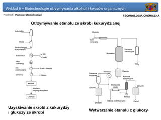 Wykład 6 – Biotechnologie otrzymywania alkoholi i kwasów organicznych
Przedmiot: Podstawy Biotechnologii                                Politechnika Gdańska, Inżynieria Biomedyczna
                                                                       TECHNOLOGIA CHEMICZNA

                        Otrzymywanie etanolu ze skrobi kukurydzianej




    Uzyskiwanie skrobi z kukurydzy
                                                    Wytwarzanie etanolu z glukozy
    i glukozy ze skrobi
 