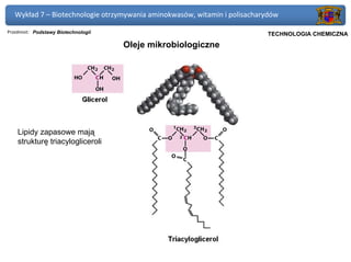 Wykład 7 – Biotechnologie otrzymywania aminokwasów, witamin i polisacharydów

Przedmiot: Podstawy Biotechnologii                                      Politechnika Gdańska, Inżynieria Biomedyczna
                                                                             TECHNOLOGIA CHEMICZNA
                                     Oleje mikrobiologiczne




    Lipidy zapasowe mają
    strukturę triacylogliceroli
 