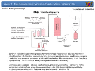 Wykład 7 – Biotechnologie otrzymywania aminokwasów, witamin i polisacharydów

Przedmiot: Podstawy Biotechnologii                                                Politechnika Gdańska, Inżynieria Biomedyczna
                                                                                       TECHNOLOGIA CHEMICZNA
                                       Oleje mikrobiologiczne




          Schemat przedstawiający etapy procesu fermentacyjnego stosowanego do produkcji olejów
          mikrobiologicznych. Komórki po usunięciu ich z fermentora produkcyjnego są zbierane, suszone
          i na końcu ekstrahowane heksanem w celu oddzielenia oleju. Heksan usuwany przez destylację
          z parą wodną. Dalsza obróbka: RBD (rafinacja-odbarwianie-odwanianie)

          Minimalizacja degradacji – szybkie przetwarzania, przechowywanie oleju i biomasy w niskiej
          temperaturze i atmosferze azotu. Końcowy produkt – olej żółty (obecność karotenoidów) o
          przyjemnym smaku i zapachu. Dodatek antyoksydantów n(p. witamina E).
 