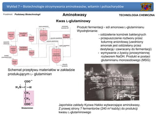 Wykład 7 – Biotechnologie otrzymywania aminokwasów, witamin i polisacharydów

Przedmiot: Podstawy Biotechnologii      Aminokwasy                           Politechnika Gdańska, Inżynieria Biomedyczna
                                                                                  TECHNOLOGIA CHEMICZNA

                                     Kwas L-glutaminowy
                                                  Produkt fermentacji - sól amonowa L-glutaminianu
                                                  Wyodrębnianie:
                                                                 - oddzielenie komórek bakteryjnych
                                                                 - przepuszczenie roztworu przez
                                                                    kolumnę anionitową (uwolniony
                                                                   amoniak jest oddzielany przez
                                                                   destylację i zawracany do fermentacji)
                                                                - wymywanie z żywicy jonowymiennej
                                                                    roztworem NaOH. Produkt w postaci
                                                                    glutaminianu monosodowego (MSG)


    Schemat przepływu materiałów w zakładzie
    produkującym L- glutaminian




                                      Japońskie zakłady Kyowa Hakko wytwarzające aminokwasy.
                                      Z prawej strony 7 fermentorów (240 m3 każdy) do produkcji
                                      kwasu L-glutaminowego
 