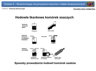 Wykład 9 – Biotechnologie otrzymywania enzymów i białek terapeutycznych
Przedmiot: Podstawy Biotechnologii                          Politechnika Gdańska, Inżynieria Biomedyczna
                                                                 TECHNOLOGIA CHEMICZNA




                   Hodowle tkankowe komórek ssaczych




                  Sposoby prowadzenia hodowli komórek ssaków
 