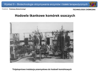 Wykład 9 – Biotechnologie otrzymywania enzymów i białek terapeutycznych
Przedmiot: Podstawy Biotechnologii                                           Politechnika Gdańska, Inżynieria Biomedyczna
                                                                              TECHNOLOGIA CHEMICZNA


                  Hodowle tkankowe komórek ssaczych




               Trójstopniowa instalacja przemysłowa do hodowli komórkowych
 