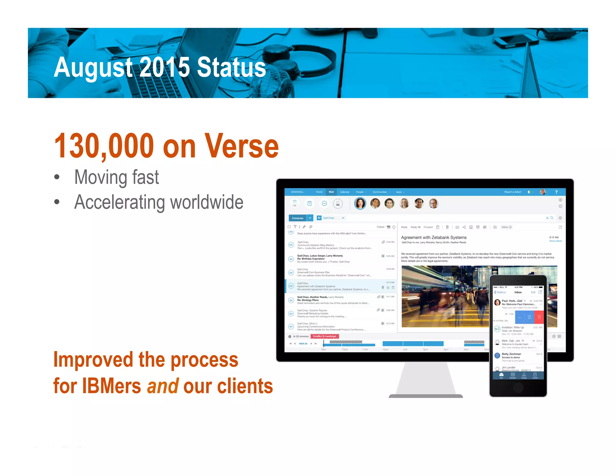 August 2015 Status
130,000 on Verse
•  Moving fast
•  Accelerating worldwide
Improved the process
for IBMers and our clients

 