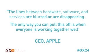 “The lines between hardware, software, and 
services are blurred or are disappearing. 
The only way you can pull this off is when 
everyone is working together well” 
#GX24 
CEO, APPLE 
 