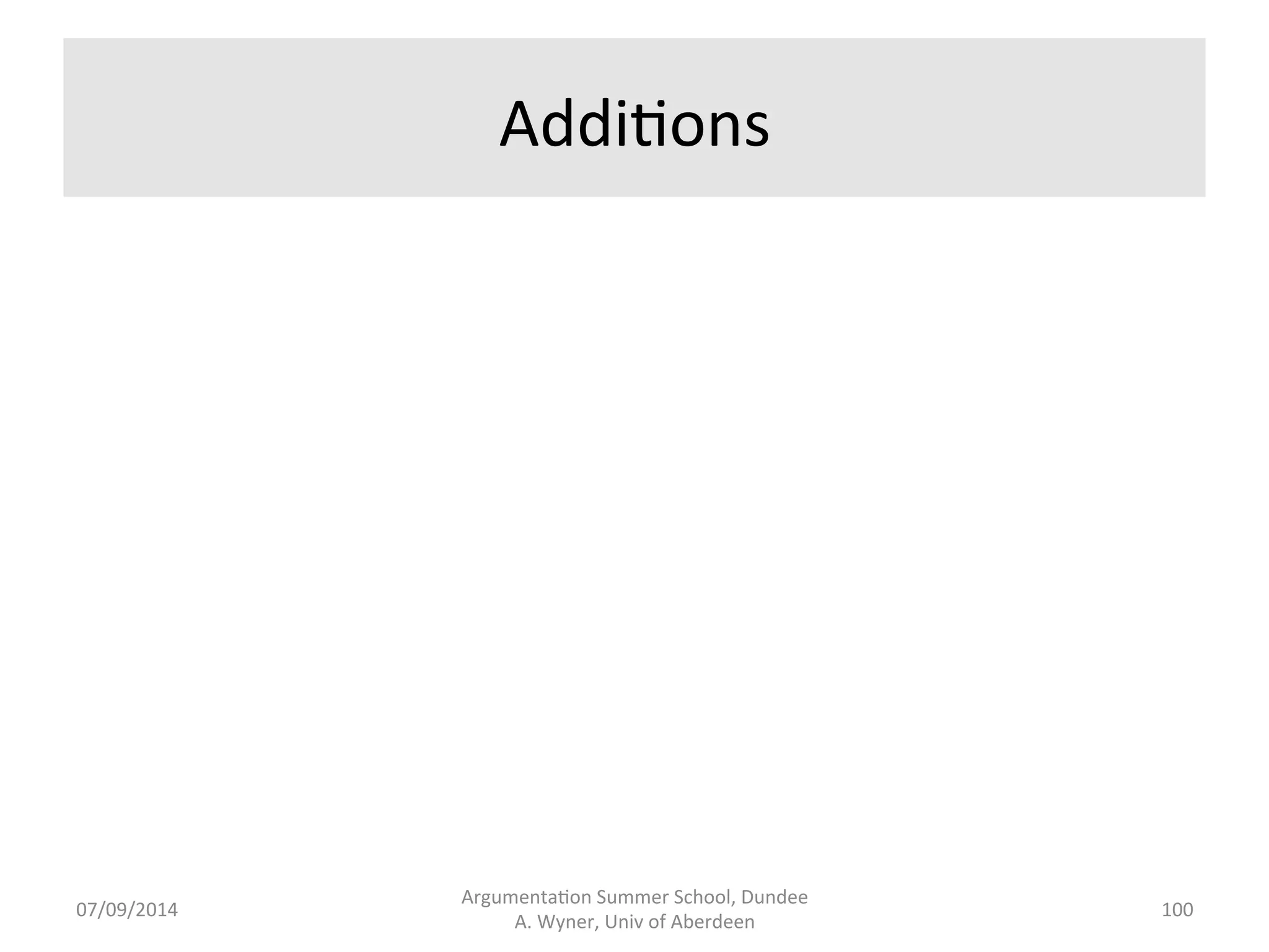 Results 
of 
Annota.on 
• The 
annotators 
carry 
out 
their 
task 
and 
complete 
the 
project. 
• Carry 
out 
inter-­‐annotator 
agreement 
analysis. 
• Curate 
the 
disagreements 
to 
create 
a 
Gold 
Standard 
corpus. 
Can 
use 
this 
for 
machine 
learning. 
• Search 
the 
annota.ons 
using 
an 
online 
tool, 
e.g. 
ANNIC. 
07/09/2014 
Argumenta.on 
Summer 
School, 
Dundee 
A. 
Wyner, 
Univ 
of 
Aberdeen 
99 
 