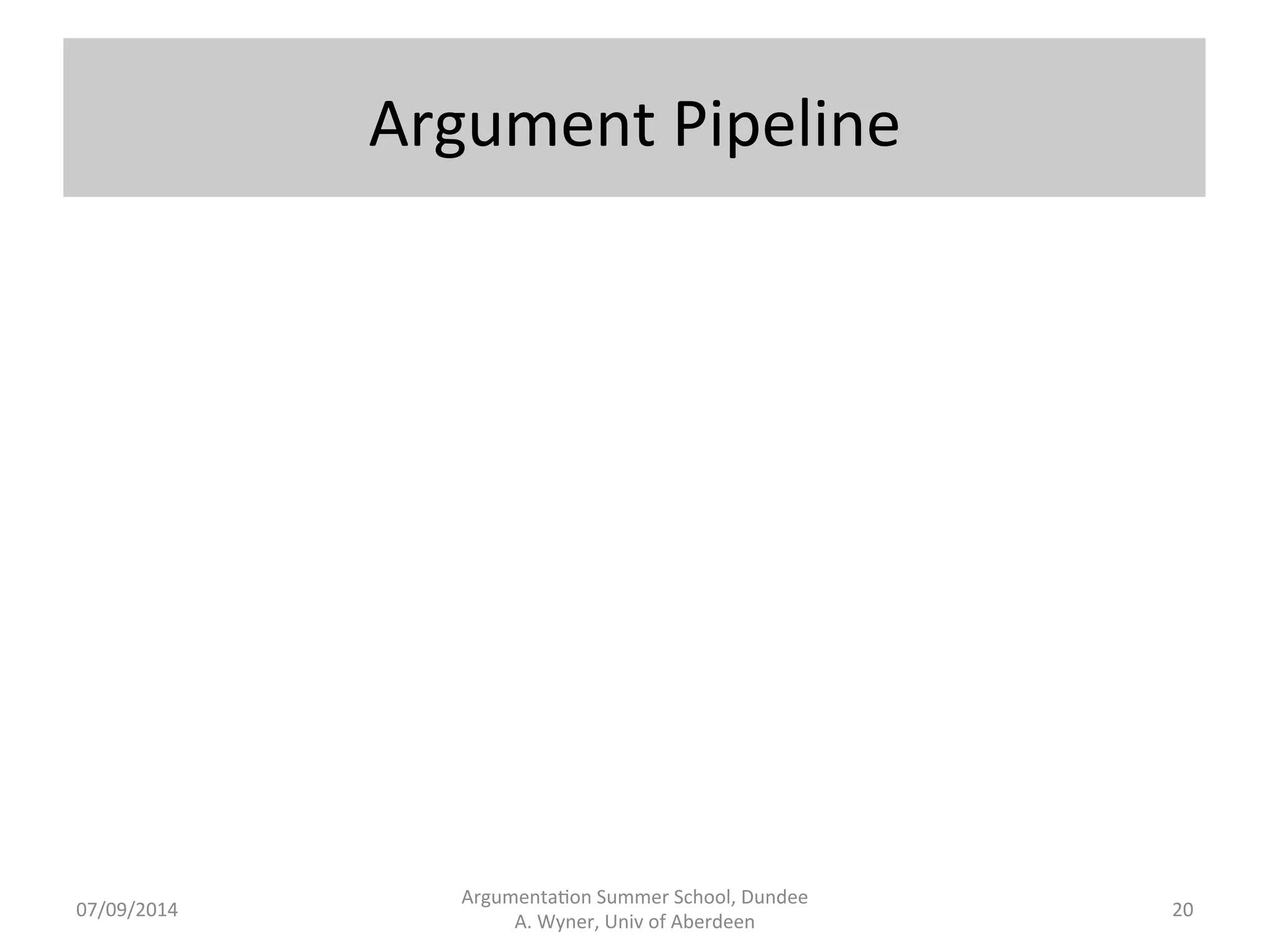 Argument 
Pipeline 
Argumenta.on 
Summer 
School, 
Dundee 
07/09/2014 
A. 
Wyner, 
Univ 
of 
Aberdeen 
20 
 
