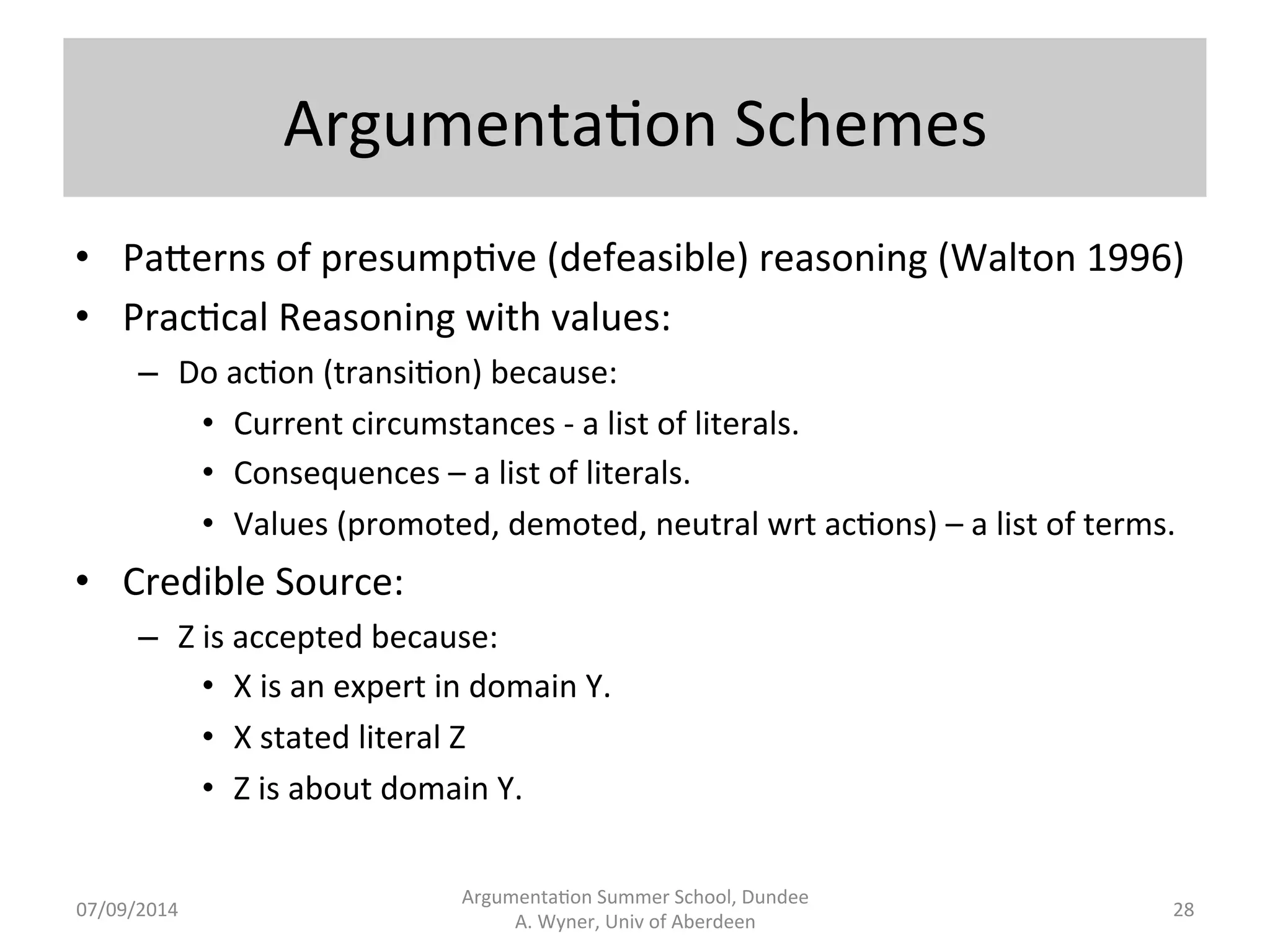 Current 
Tools 
to 
Extract 
and 
Structure 
Arguments 
from 
Text 
Argumenta.on 
Summer 
School, 
Dundee 
07/09/2014 
A. 
Wyner, 
Univ 
of 
Aberdeen 
27 
• Ra.onale, 
Araucaria, 
Carneades 
(Gordon 
2007), 
IMPACT 
Project, 
Legal 
Appren.ce, 
Argument 
Wall,.... 
• Pale[e 
of 
annota.ons 
and 
templates. 
• All 
manual. 
No 
NLP. 
 