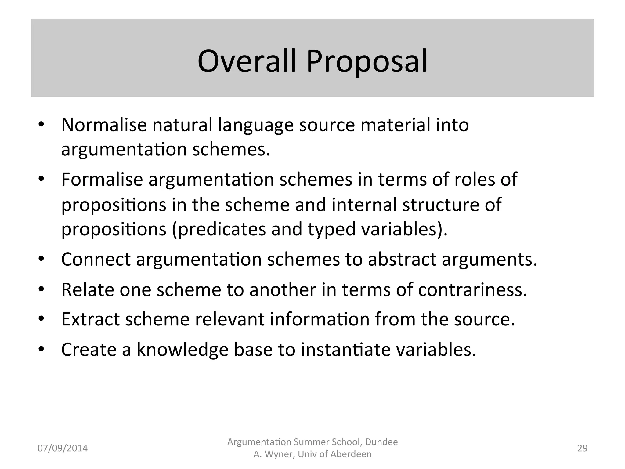 Argumenta.on 
Schemes 
Argumenta.on 
Summer 
School, 
Dundee 
07/09/2014 
A. 
Wyner, 
Univ 
of 
Aberdeen 
• Pa[erns 
of 
presump.ve 
(defeasible) 
reasoning 
(Walton 
1996) 
• Prac.cal 
Reasoning 
with 
values: 
– Do 
ac.on 
(transi.on) 
because: 
• Current 
circumstances 
-­‐ 
a 
list 
of 
literals. 
• Consequences 
– 
a 
list 
of 
literals. 
• Values 
(promoted, 
demoted, 
neutral 
wrt 
ac.ons) 
– 
a 
list 
of 
terms. 
• Credible 
Source: 
– Z 
is 
accepted 
because: 
• X 
is 
an 
expert 
in 
domain 
Y. 
• X 
stated 
literal 
Z 
• Z 
is 
about 
domain 
Y. 
28 
 