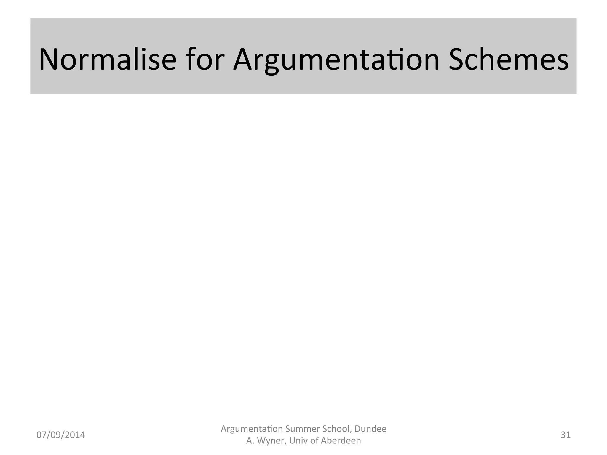 Caveat 
Argumenta.on 
Summer 
School, 
Dundee 
07/09/2014 
A. 
Wyner, 
Univ 
of 
Aberdeen 
• Low 
level 
automa.on, 
using 
high 
level 
structures 
as 
guides. 
• For 
example, 
no 
automa.c 
search 
for 
scheme 
filling, 
grounding 
of 
variables, 
contrast 
iden.fica.on. 
• Progress 
can 
be 
made 
on 
these 
(and 
for 
contrast 
iden.fica.on, 
there 
is 
significant 
work 
already). 
30 
 