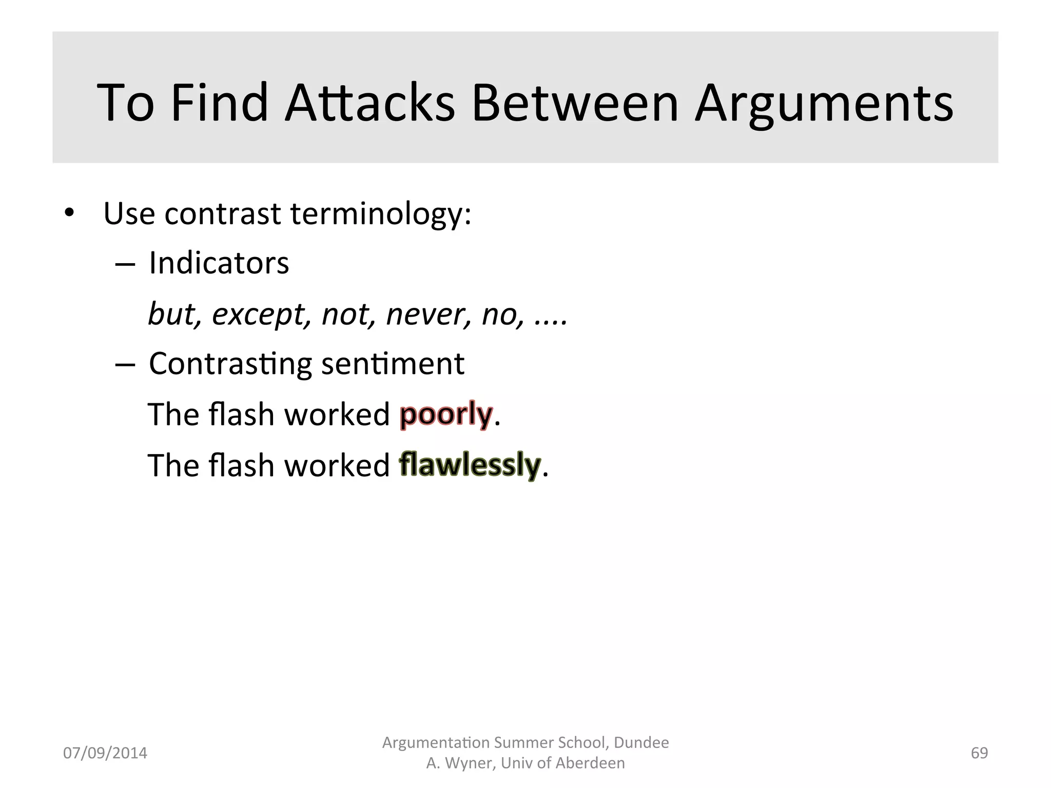 Domain 
Terminology 
Argumenta.on 
Summer 
School, 
Dundee 
07/09/2014 
A. 
Wyner, 
Univ 
of 
Aberdeen 
68 
 