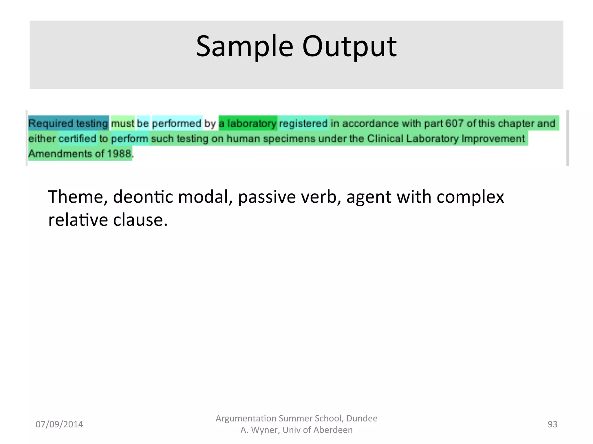 Sample 
Outputs 
Consequence, 
list 
structure, 
and 
conjuncts 
of 
the 
antecedent. 
Excep.on, 
agent 
NP, 
deon.c 
concept, 
ac.ve 
main 
verb, 
theme. 
07/09/2014 
Argumenta.on 
Summer 
School, 
Dundee 
A. 
Wyner, 
Univ 
of 
Aberdeen 
92 
 