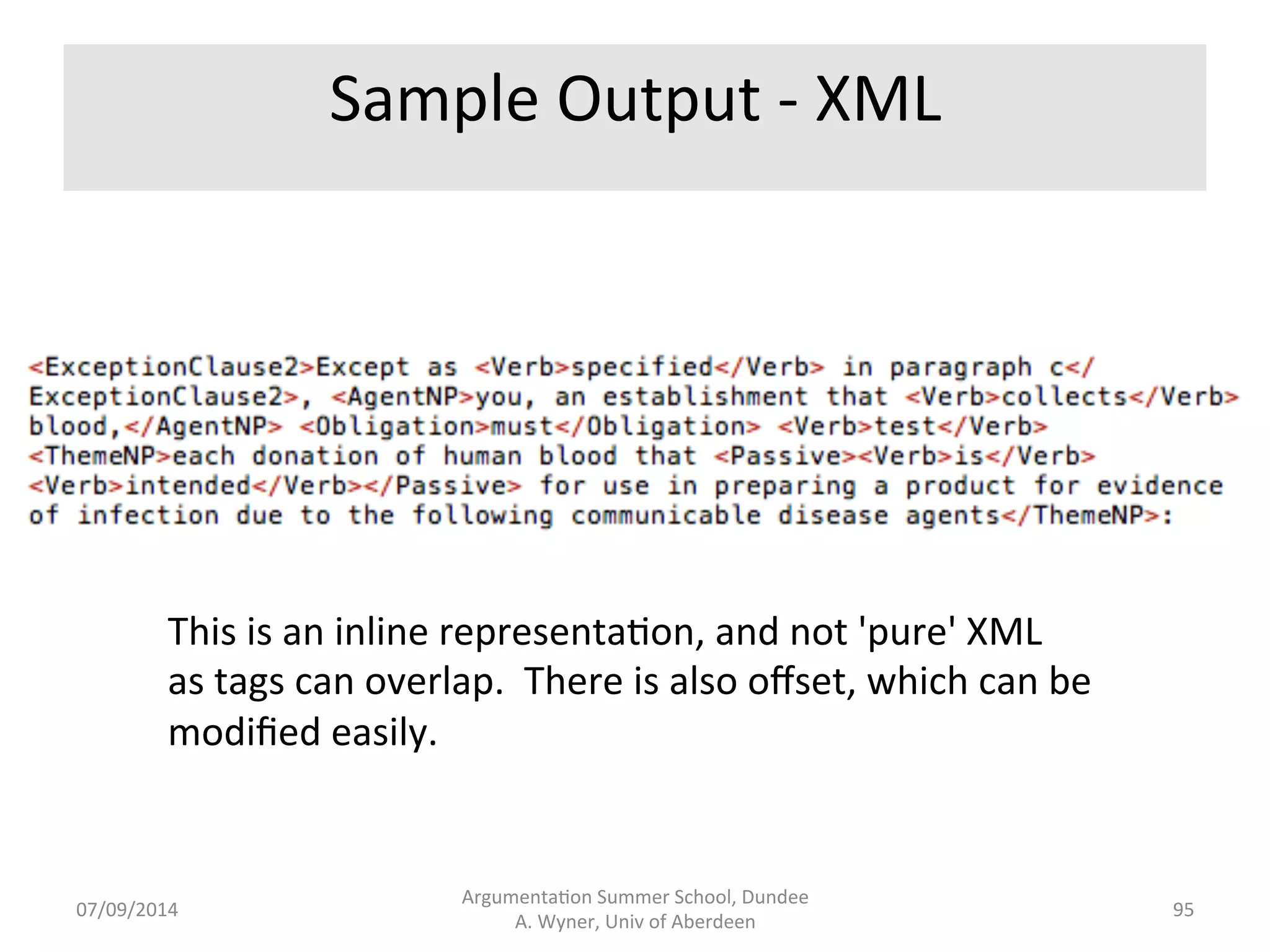 Sample 
Output 
-­‐ 
Overall 
07/09/2014 
Argumenta.on 
Summer 
School, 
Dundee 
A. 
Wyner, 
Univ 
of 
Aberdeen 
94 
 