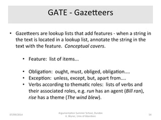 GATE 
Basic 
Process 
Flow 
Argumenta.on 
Summer 
School, 
Dundee 
07/09/2014 
A. 
Wyner, 
Univ 
of 
Aberdeen 
53 
Can 
add 
further 
processing 
components 
to 
pipeline, 
e.g. 
NER, 
co-­‐reference, 
other 
other 
annota.ons,... 
 