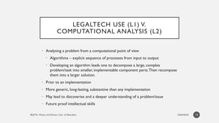LEGALTECH USE (L1) V.
COMPUTATIONAL ANALYSIS (L2)
• Analysing a problem from a computational point of view
• Algorithms – ...