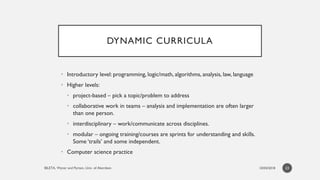DYNAMIC CURRICULA
• Introductory level: programming, logic/math, algorithms, analysis, law, language
• Higher levels:
• pr...