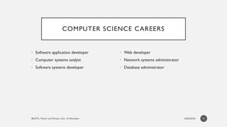 COMPUTER SCIENCE CAREERS
• Software application developer
• Computer systems analyst
• Software systems developer
• Web de...