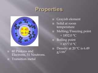  40 Protons and
Electrons, 51 Neutrons.
 Transition metal
 Grayish element
 Solid at room
temperature
 Melting/Freezing point
 1852.0 °C
 Boiling point
 4377.0 °C
 Density at 20 ºC is 6.49
g/cm3
 