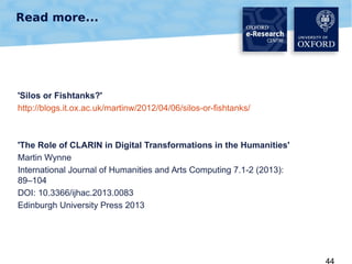Read more...

'Silos or Fishtanks?'
http://blogs.it.ox.ac.uk/martinw/2012/04/06/silos-or-fishtanks/

'The Role of CLARIN in Digital Transformations in the Humanities'
Martin Wynne
International Journal of Humanities and Arts Computing 7.1-2 (2013):
89–104
DOI: 10.3366/ijhac.2013.0083
Edinburgh University Press 2013

44

 