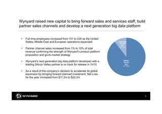 4
?? Full time employees increased from 151 to 228 as the United
States, Middle East and European operations expanded
?? Partner channel sales increased from 1% to 10% of total
revenue confirming the strength of Wynyards product platform
proposition and go-to-market strategy
?? Wynyards next generation big data platform developed with a
leading Silicon Valley partner is on track for release in 1H15
?? As a result of the companys decision to accelerate its global
expansion by bringing forward planned investment, Net Loss
for the year increased from $11.2m to $22.2m
Wynyard raised new capital to bring forward sales and services staff, build
partner sales channels and develop a next generation big data platform
DIRECT
SALES
90%
(LY 99%)
PARTNER
SALES
10%
(LY 1%)
 