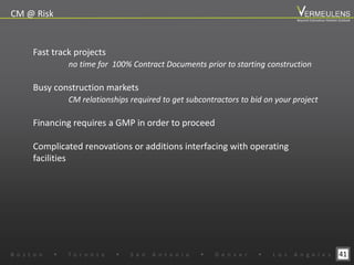 41
Fast track projects
no time for 100% Contract Documents prior to starting construction
Busy construction markets
CM relationships required to get subcontractors to bid on your project
Financing requires a GMP in order to proceed
Complicated renovations or additions interfacing with operating
facilities
B o s t o n w T o r o n t o w S a n A n t o n i o w D e n v e r w L o s A n g e l e s
Beyond Estimation Market Outlook
CM @ Risk
 