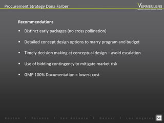 51
Recommendations
 Distinct early packages (no cross pollination)
 Detailed concept design options to marry program and budget
 Timely decision making at conceptual design – avoid escalation
 Use of bidding contingency to mitigate market risk
 GMP 100% Documentation = lowest cost
B o s t o n w T o r o n t o w S a n A n t o n i o w D e n v e r w L o s A n g e l e s
Beyond Estimation Market Outlook
Procurement Strategy Dana Farber
 