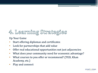 Up Your Game
• Start offering diplomas and certificates
• Look for partnerships that add value
• Offer real educational opportunities not just adjacencies
• What does your community need for economic advantage?
• What courses to you offer or recommend? (TED, Khan
  Academy, etc.)
• Play and connect
 