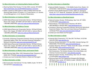 For More Information on Collecting Native Seeds and Plants                    For More Information on Butterflies

♦ Wyoming Native Plant Society, P.O. Box 2500, Laramie, WY 82073              ♦ National Wildlife Federation, 11100 Wildlife Center Drive, Reston, VA
  http://uwadmnweb.uwyo.edu/WYNDD/wnps/wnps_home.htm.                           20190-5362 (1-800-822-9919) www.nwf.org/backyardwildlifehabitat.
♦ Obtain a permit to collect plants on state or federal lands from the        ♦ Northern Prairie Wildlife Research Center, USDI U.S. Geological
  Wyoming State Division of Forestry, U.S. Forest Service, U.S. Bureau          Survey, 8711 37th Street SE, Jamestown, ND 58401 (701-253-5500)
  of Land Management, or U.S. Bureau of Reclamation.                            www.npwrc.usgs.gov/resource/distr/lepid/bflyusa/wy/toc.htm.

For More Information on Creating a Wetland                                    For More Information on Beneficial Insects

♦ USDA Natural Resources Conservation Service, 100 East B Street,             ♦ National Audubon Society, 700 Broadway, New York, NY 10003,
  Room 3124, Casper, WY 82601 (307-261-6453 or national office at               (212-979-3000) www.audubon.org.
  1-800-888 LANDCARE) www.nrcs.usda.gov/feature/backyard/.                    ♦ Planet Natural, 1612 Gold Avenue, Bozeman, MT 59715
                                                                                (800-289-6656 or 406-587-5891) www.planetnatural.com.
For More Information on Building a Terrace
                                                                              ♦ University of Wyoming Cooperative Extension Service and Agricultural
♦ USDA Natural Resources Conservation Service, 100 East B Street,               Experiment Station; Plant, Soil, and Insect Sciences Publications –
  Room 3124, Casper, WY 82601 (307-261-6453 or national office at               Landscape Pests www.uwyo.edu/ces/pubs/b-1035.pdf.
  1-800-888-LANDCARE) www.nrcs.usda.gov/feature/backyard/.                    ♦ Contact your local Weed and Pest agent.

For More Information on Composting                                            For More Information on Birds

♦ University of Wyoming Cooperative Extension Service and Agricultural        ♦ American Bird Conservancy, P.O. Box 249, The Plains, VA 20198
  Experiment Station; Plant, Soil, and Insect Sciences Publications –           (540-253-5780) www.abcbirds.org.
  Backyard Composting www.uwyo.edu/ces/pubs/b974r.pdf.                        ♦ American Birding Association, P.O. Box 6599, Colorado Springs, CO
♦ USDA Natural Resources Conservation Service, 100 East B Street,               80934-6599 (719-578-9703) www.americanbirding.org.
  Room 3124, Casper, WY 82601 (307-261-6453 or national office at             ♦ Audubon Wyoming, 400 East 1st Street, Suite 308, Casper, WY 82601
  1-800-888-LANDCARE) www.nrcs.usda.gov/feature/backyard/.                      (307-235-3485) www.audubonwyoming.com.
                                                                              ♦ Cats Indoors! The Campaign for Safer Birds and Cats. American
For More Information on Weeds, Pests, and Invasive Plants                       Bird Conservancy, The Humane Society of the United States, and
♦ BLM Wyoming State Office, 5353 Yellowstone Road, Cheyenne, WY                 American Humane Association, www.abcbirds.org/cats/.
  82009 (307-775-6256) www.wy.blm.gov/weeds/index.htm.                        ♦ National Audubon Society, 700 Broadway, New York, NY 10003,
♦ Contact your local Conservation District or Weed and Pest agent.              (212-979-3000) www.audubon.org.
                                                                              ♦ Wyoming Game and Fish Department Nongame Bird Biologist,
For More Information on Bats                                                    260 Buena Vista, Lander, WY 82520 (in-state 1-800-654-7862 or
                                                                                307-332-2688) gf.state.wy.us.
♦ Bat Conservation International, P.O. Box 162603, Austin, TX 78716
  (512-327-9721) www.batcon.org.

                                                                         19
 